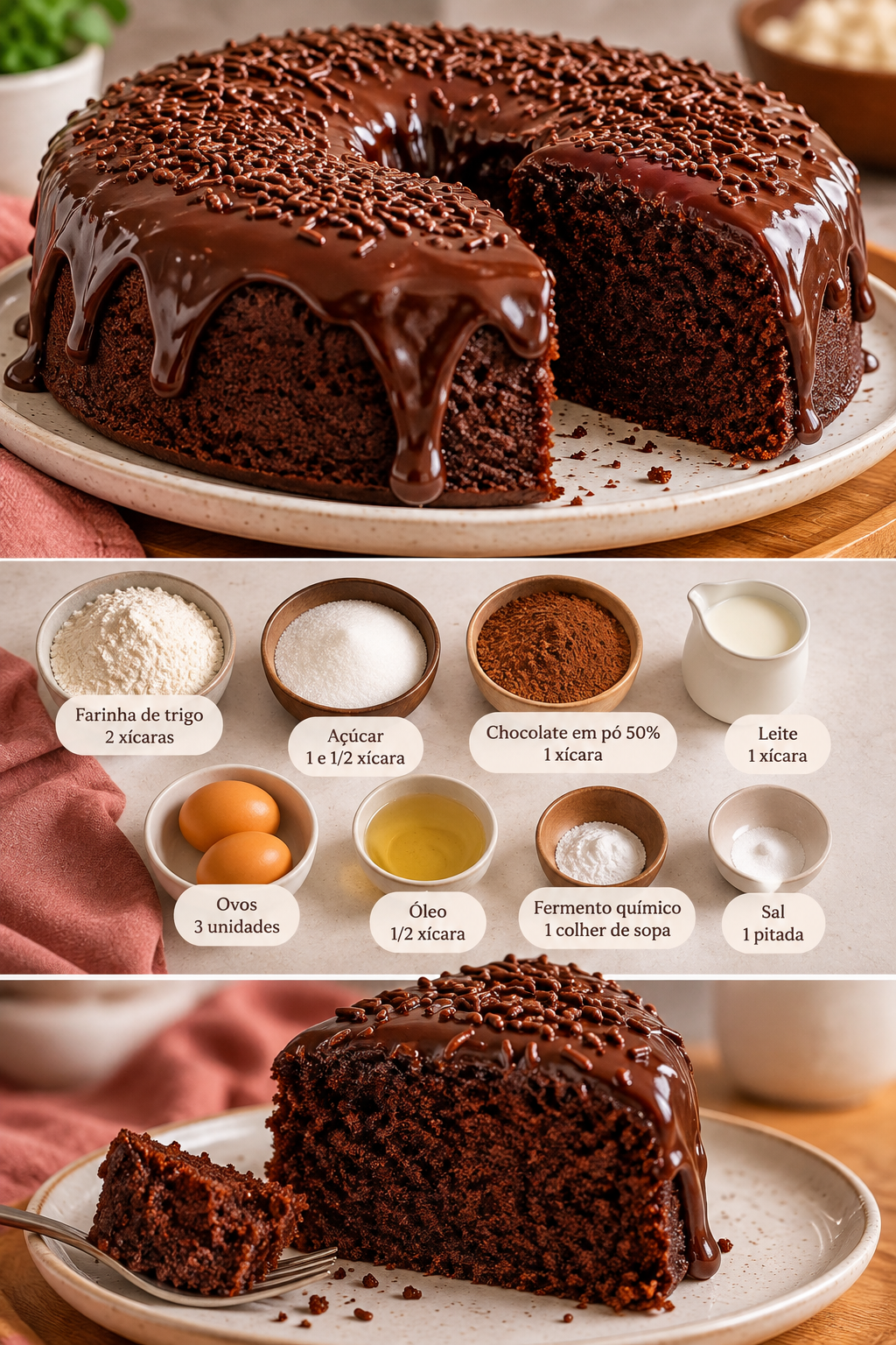 Bolo de chocolate úmido com cobertura cremosa